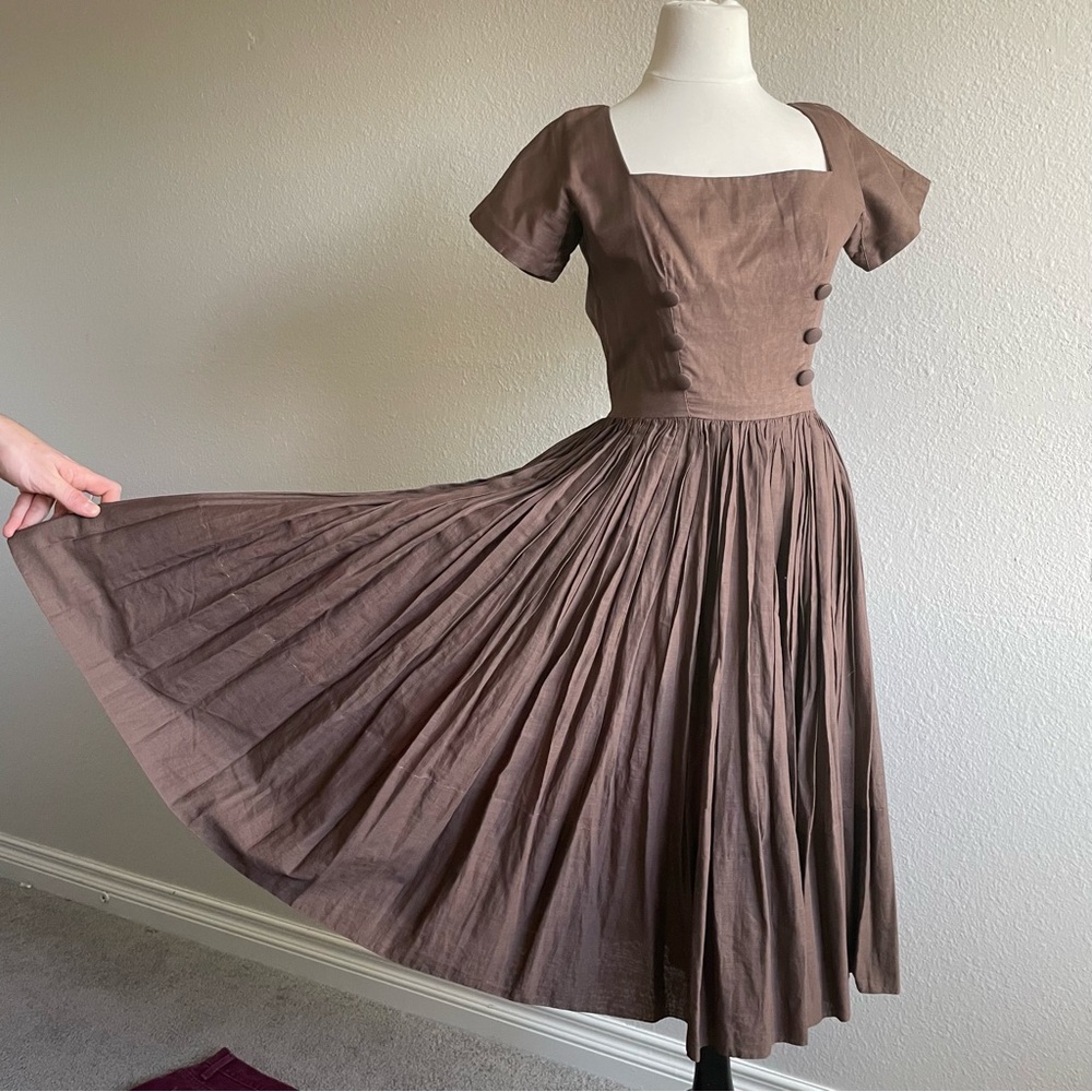 Vintage Handmade 1950s Brown Full Circle Skirt Swing Midi Dress